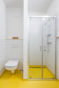 a bathroom with a toilet and a glass shower at Hotel Rusava 2 depandance in Rusava