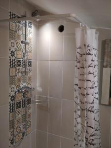 a shower with a shower curtain in a bathroom at Daphrose chambre in Lachau