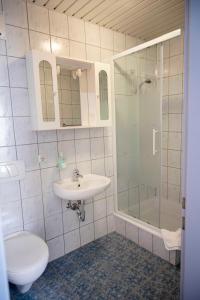 uma casa de banho com um lavatório, um chuveiro e um WC. em Aprico em Traismauer