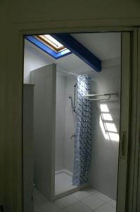 a bathroom with a shower with a blue shower curtain at Appartement L'Hivernelle in Capvern