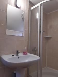 a bathroom with a sink and a shower at LUNA nad jeziorem Wojnówko gm Murowana Goślina in Wojnówko