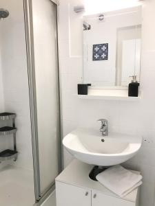 ein weißes Bad mit einem Waschbecken und einer Dusche in der Unterkunft Dream Green Apartment 'Frida' in Gladenbach