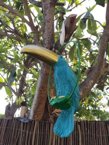 a large blue and green bird hanging from a tree at Casa Francesca Altea piscina y aparcamiento privado in Altea