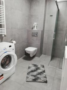 Un baño con lavadora y un inodoro. en GARDENIA Apartament Przy Plaży 19, en Dziwnów 14 fotos más