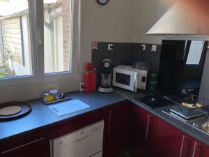 una cocina con encimera y microondas en Villa Liliane, en Mers-les-Bains