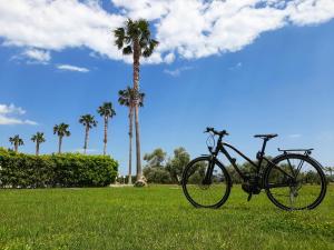 a bike parked in the grass next to a palm tree at Parco dei Principi Hotel in Roccella Ionica