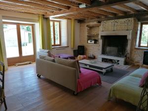 a living room with a couch and a fireplace at Domaine du Clos de la Touche Parc et Piscine in Chaunay