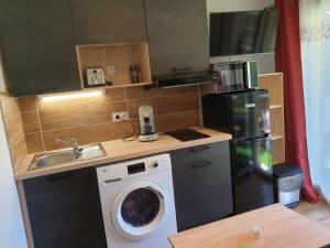uma cozinha com uma máquina de lavar roupa e um lavatório em Le 211,ski et randonnée, lave linge ,parking em Bernex
