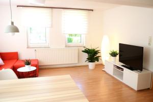 uma sala de estar com um sofá vermelho e uma televisão de ecrã plano em #Hoenepartment - TimeOut Waldhessen - bis zu 8 Pers. em Hönebach