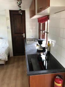 uma cozinha com um balcão preto num quarto em Chalet westerham em Winsum