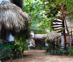 a house with a straw roof and some plants at Hotel Descalzo in Zipolite