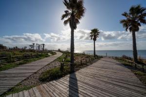 a wooden boardwalk with palm trees on the beach at El Rincón de Triana in Almería