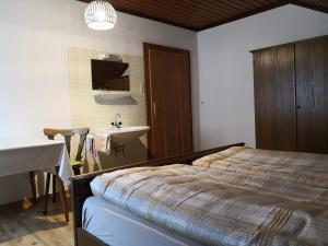 1 dormitorio con 1 cama y lavamanos. en Donisbauerhof, en Lieserbrücke