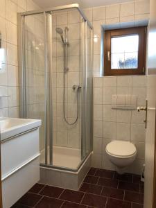 a bathroom with a shower and a toilet and a sink at Ferienwohnung EG Familie Meinschad in Rietz