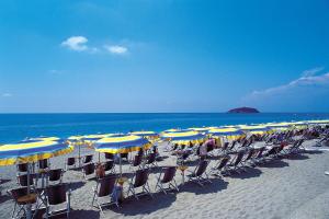 a group of chairs and umbrellas on a beach at Hotel dei Focesi in Diamante