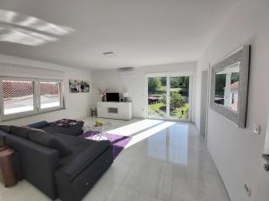 salon z czarną kanapą i oknami w obiekcie Comfortable apartment near Opatija w mieście Matulji