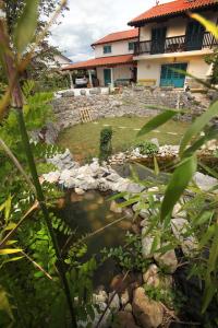 a garden with a pond in front of a house at Vila Salamander in Štanjel