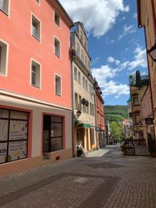 a cobblestone street in a town with buildings at Apartamenty Zieleniec-Julia 3 in Duszniki Zdrój