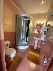 W łazience znajduje się prysznic, toaleta i umywalka. w obiekcie Золотий Лев w mieście Zvenyhorodka