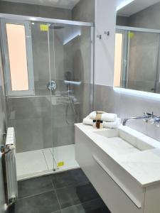 アリカンテにあるCasaMila Guest Houseのシャワー、洗面台、鏡を備えたバスルーム