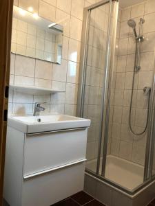 W łazience znajduje się umywalka i prysznic. w obiekcie Ferienwohnung EG Familie Meinschad w mieście Rietz