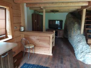 a room with a tv and a chair in a cabin at Domek w skale in Kroczyce