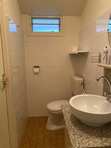 een badkamer met een wit toilet en een wastafel bij Robbenoort 45 in Lauwersoog