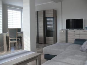 a bedroom with a bed and a desk with a television at Apartament w Węgorzewie in Węgorzewo