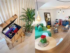 zwei Bilder von einem Wohnzimmer und einem Wohnzimmer in der Unterkunft Duplex lumineux, coloré, atypique face cathédrale in Saint-Brieuc