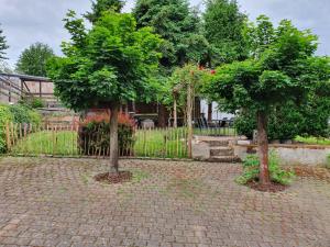two trees in front of a fence at Fachwerkhäuschen in Enkirch