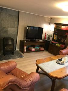 a living room with a couch and a television at Josygaard in Austefjorden
