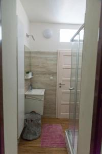 a bathroom with a toilet and a sink and a shower at Apartmán u Větrníku in Jihlava +10 photos