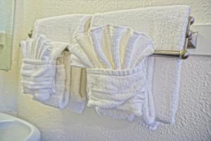 un gruppo di asciugamani appesi a un portasciugamani in bagno di Arbor Inn Motel Oakridge a Oakridge
