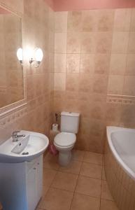 a bathroom with a toilet and a sink and a tub at U Krzysztofa in Kopalino +19 photos