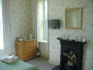 een slaapkamer met een open haard en een televisie aan de muur bij South Moor Farm in Scarborough