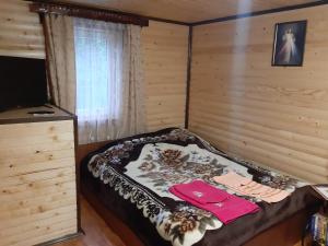 a bedroom with a bed and a dresser and a television at Дерев'яний будинок з банею in Oriv +37 photos