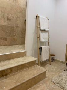 La salle de bains est pourvue d'un escalier, d'une douche et de serviettes. dans l'établissement Le soleil de Malaucène, à Malaucène