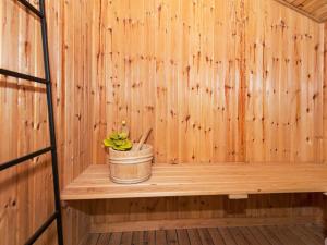 a plant sitting on a wooden shelf in a sauna at 6 person holiday home in R m in Bolilmark