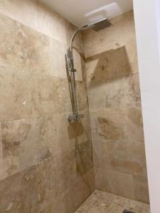 a shower in a bathroom with a stone wall at Le soleil de Malaucène in Malaucène