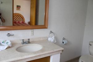 a bathroom with a sink and a mirror and a toilet at Hotel Campestre Don Luis in Huajuapan de León