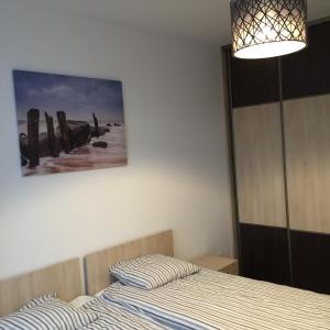 a bedroom with a bed and a painting on the wall at Apartament Baltic Park in Pogorzelica