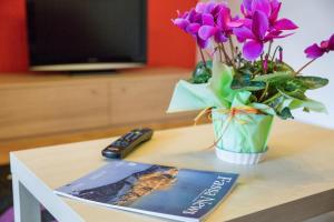 a table with a vase of flowers and a book at Villa Pineta in Moena