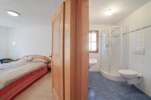 een slaapkamer met een bed, een douche en een toilet bij Strickerhof - Appartment 3 in Saltusio