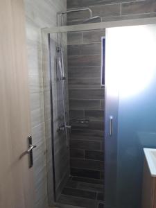 a shower with a glass door in a bathroom at Calypso in Agia Roumeli