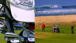 un collage de dos fotos de un hombre en un campo de golf en Ohana Lodge, en Moliets-et-Maa