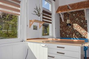 a kitchen with a wooden counter top and a window at Henne Hahnenklee in Hahnenklee-Bockswiese +36 photos