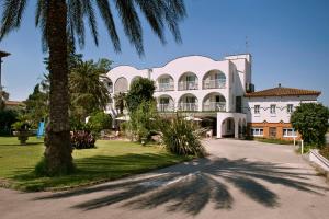 een groot wit gebouw met een palmboom ervoor bij Hotel El Molí in Sant Pere Pescador