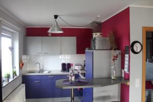 
a kitchen with a stove top oven and a sink at Annas-Huus in Nordstrand
