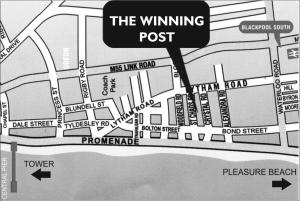 een zwart-witte kaart van de winnende post bij The Winning Post in Blackpool