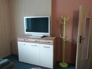 - une télévision assise sur une commode dans une pièce dans l'établissement Ubytování Kozov, à Bouzov